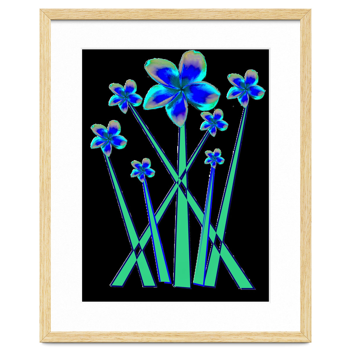 Blue flowers on black.
