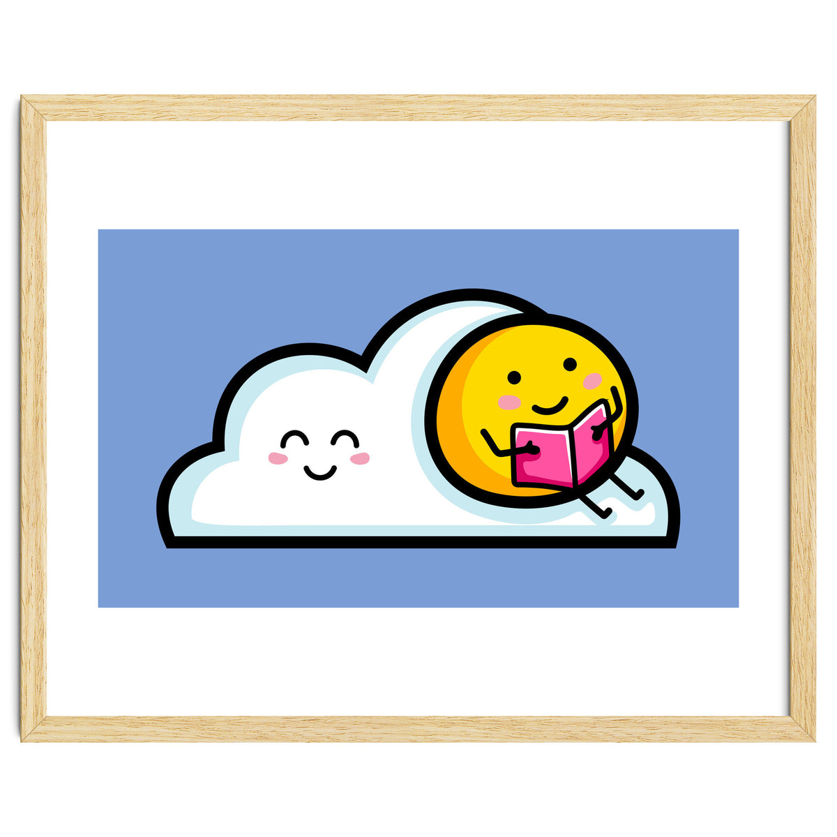 Kawaii Cute Sun Reading A Book On A Cloud