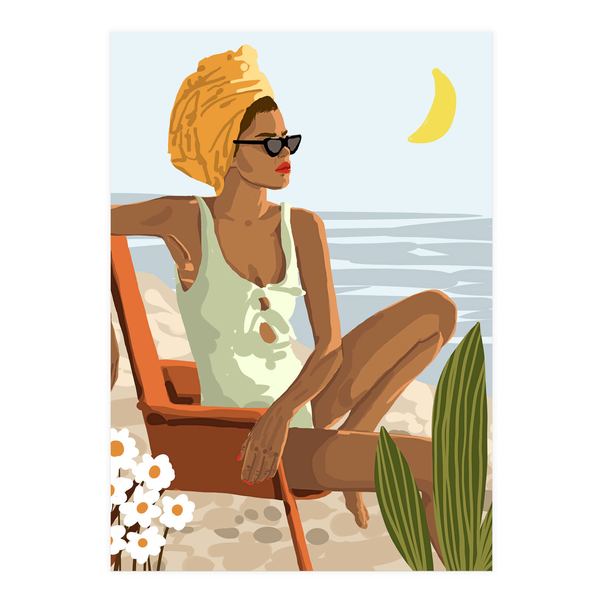 Moon Child, Beach Vacation, Black Woman Illustration Travel Ocean, Tropical Bohemian Fashion (Print Only)