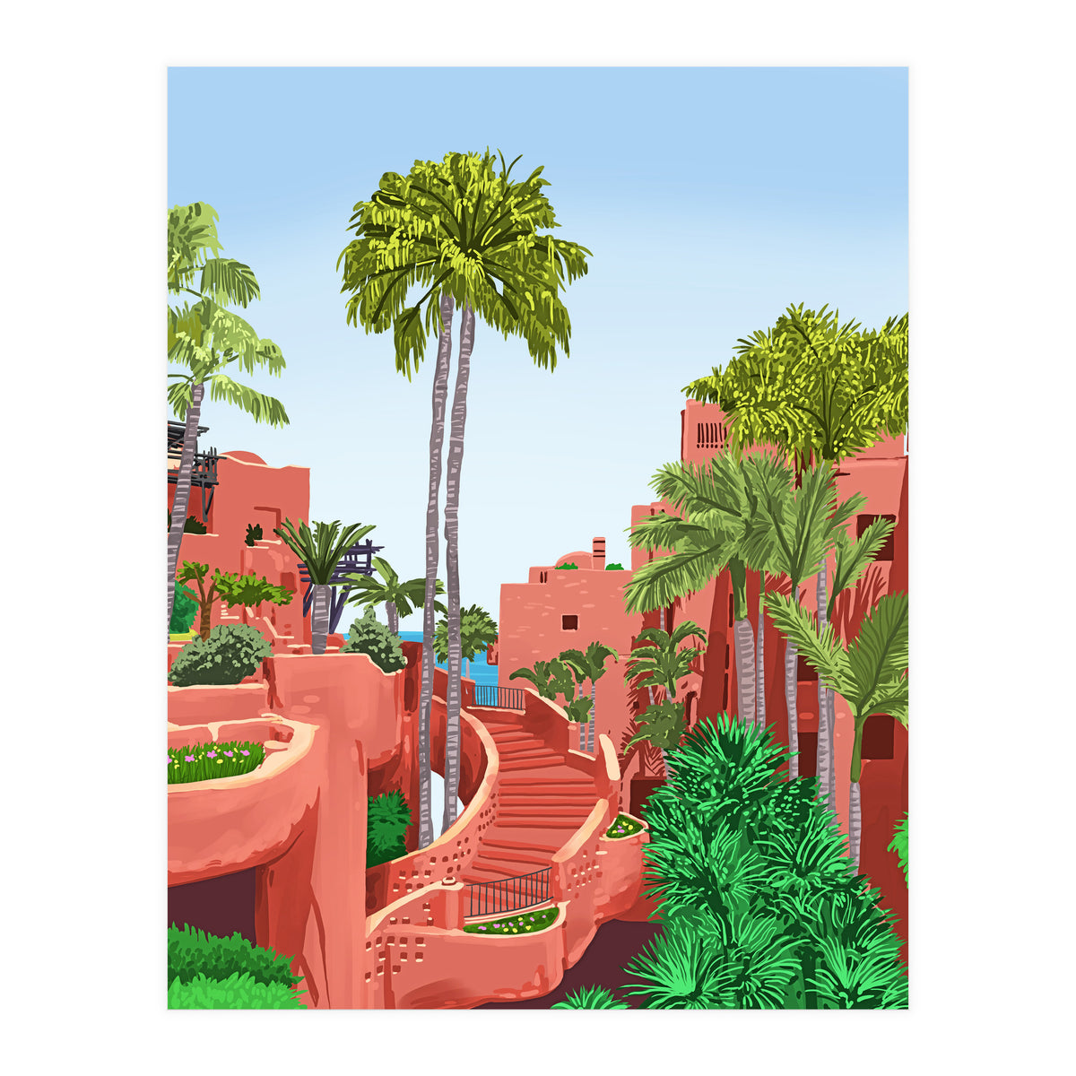 Tropical Architecture, Mexico Exotic Places Building Illustration Bohemian Painting Palm  (Print Only)