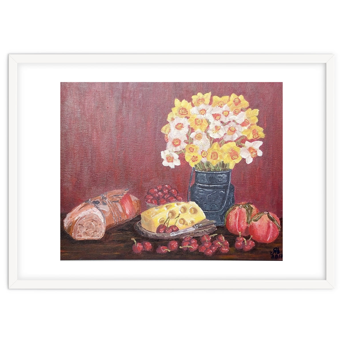 Still life with cheese, daffodils on a red background.