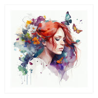 Watercolor Floral Red Hair Woman #1 (Print Only)