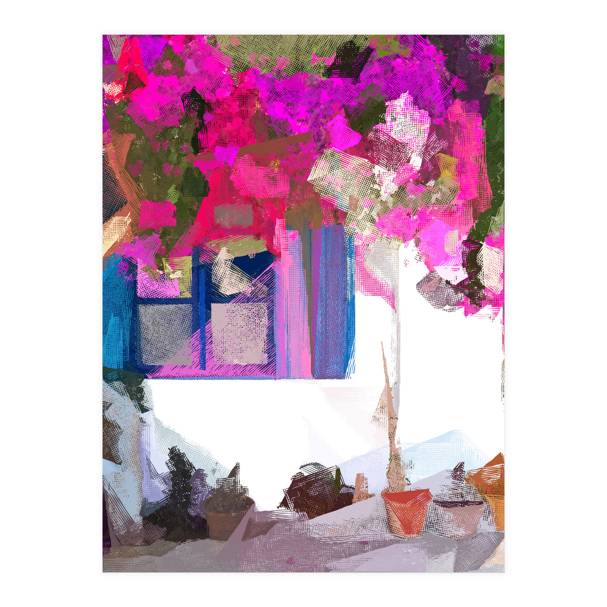 Blossom Is Just Around The Corner, Bougainvillea Tropical Greece Architecture, Botanical SummerTravel Bohemian (Print Only)