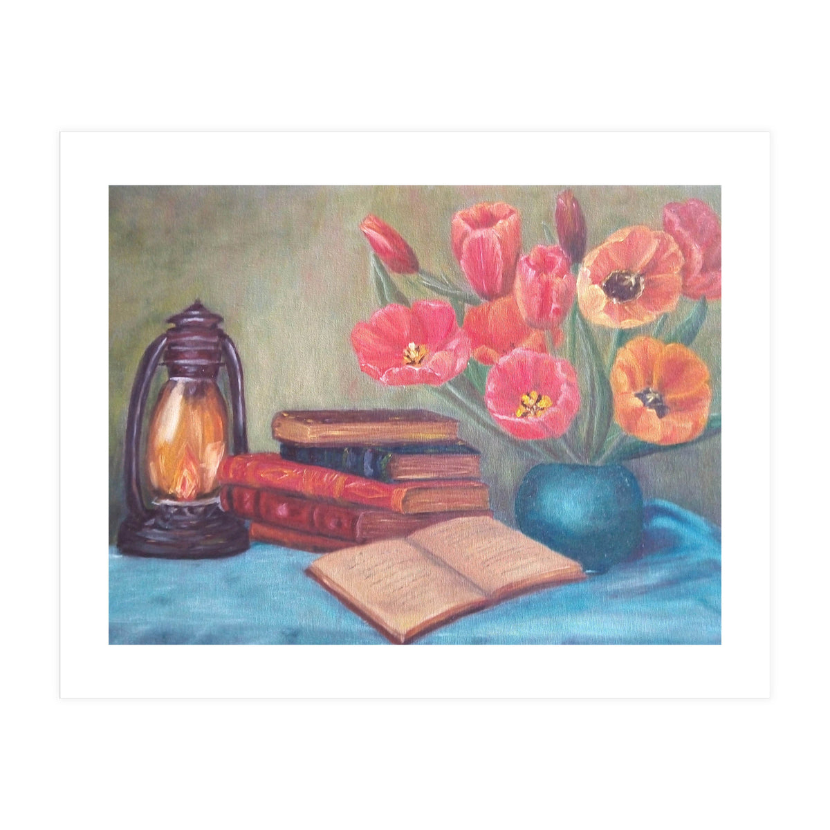 Still life with tulips, books and an old lamp. (Print Only)