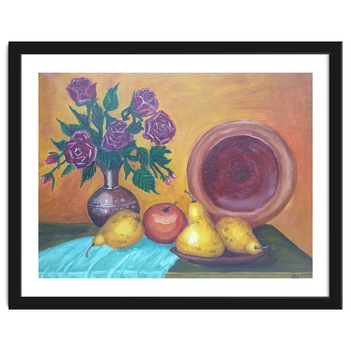 Still life with pears, roses and a dish.
