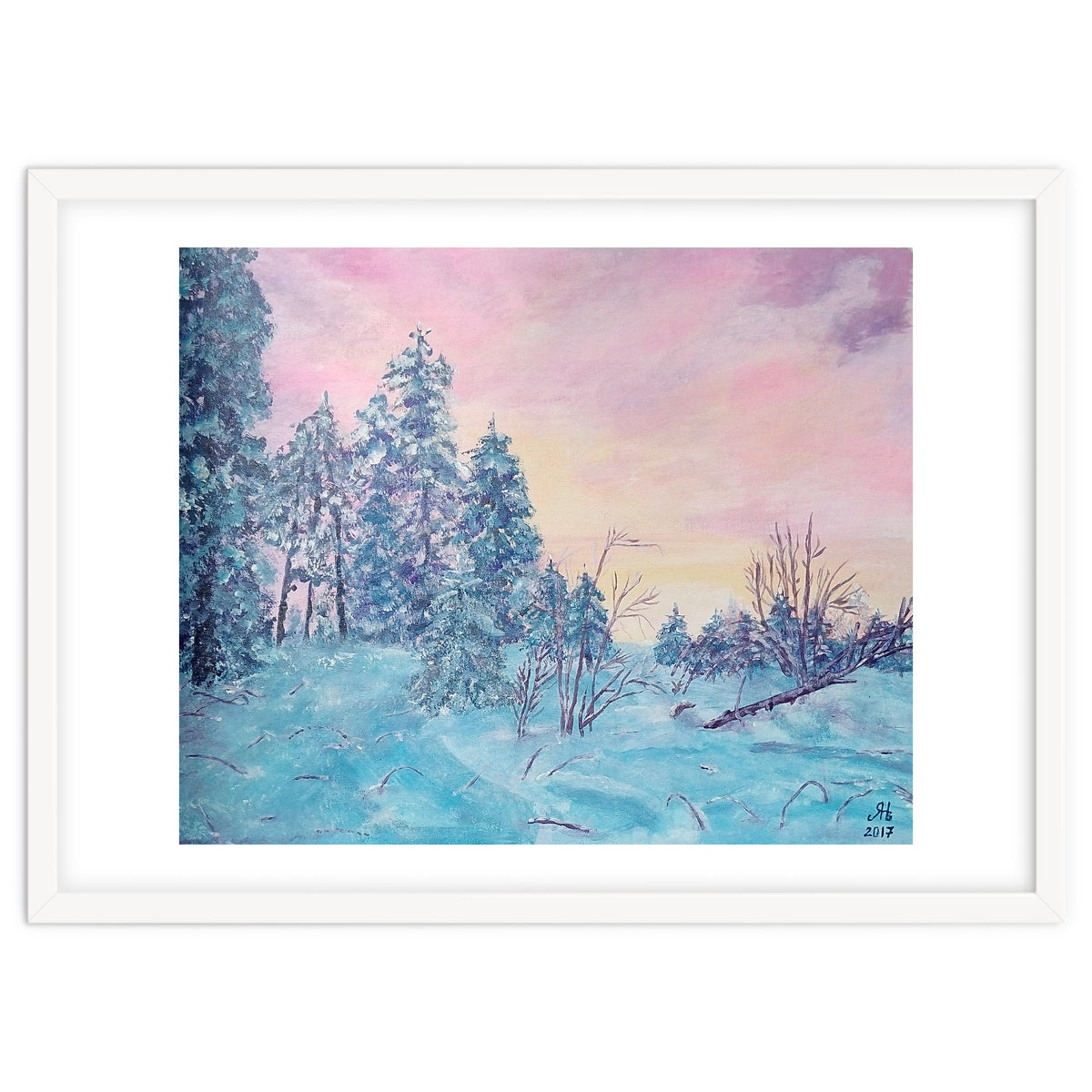 Pink sunrise in the winter forest