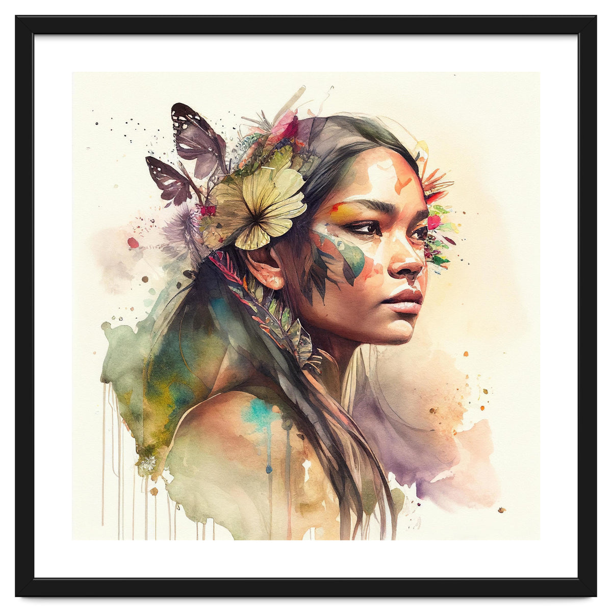 Watercolor Floral Indian Native Woman #2