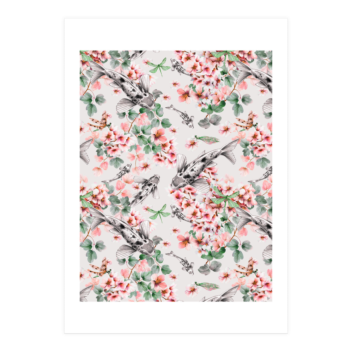 Asian fish among flowers (Print Only)