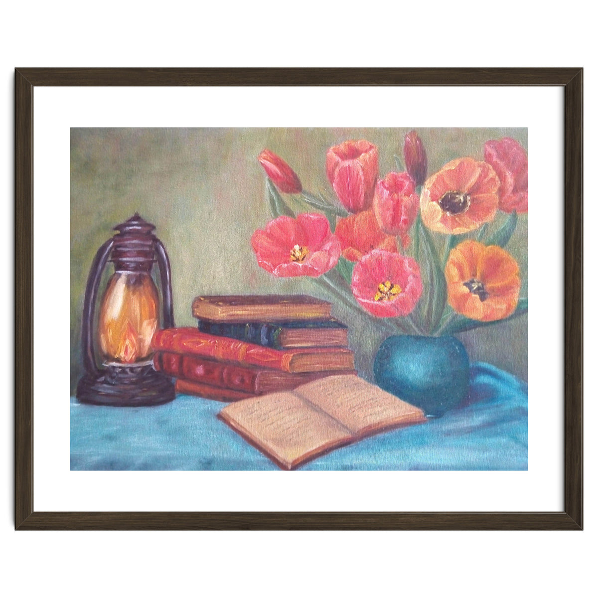 Still life with tulips, books and an old lamp.
