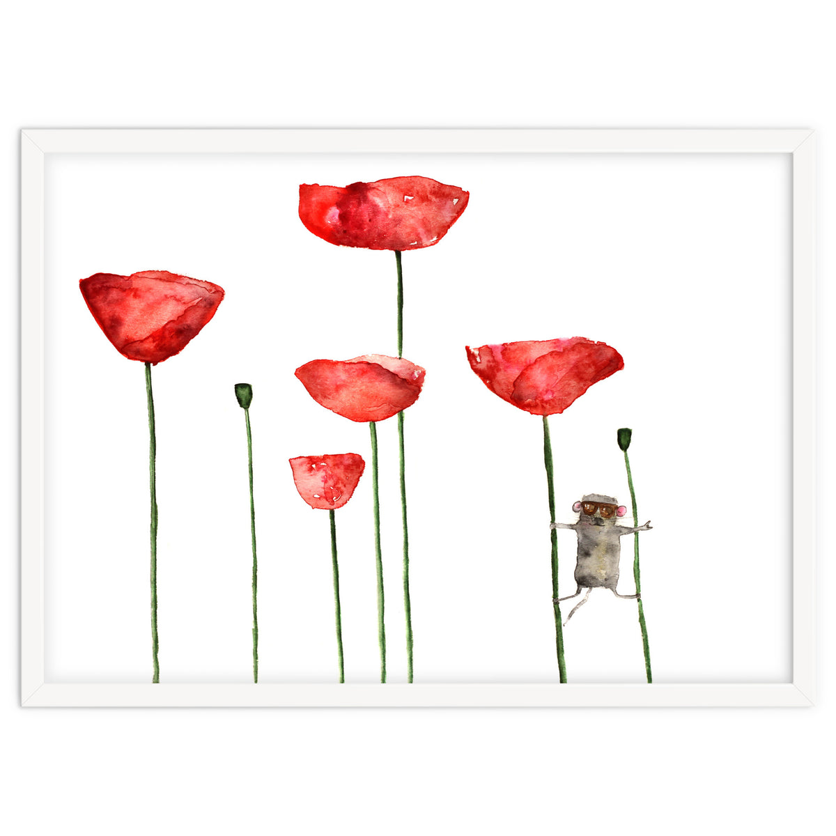 Little mouse loves big poppies || watercolor for nursery
