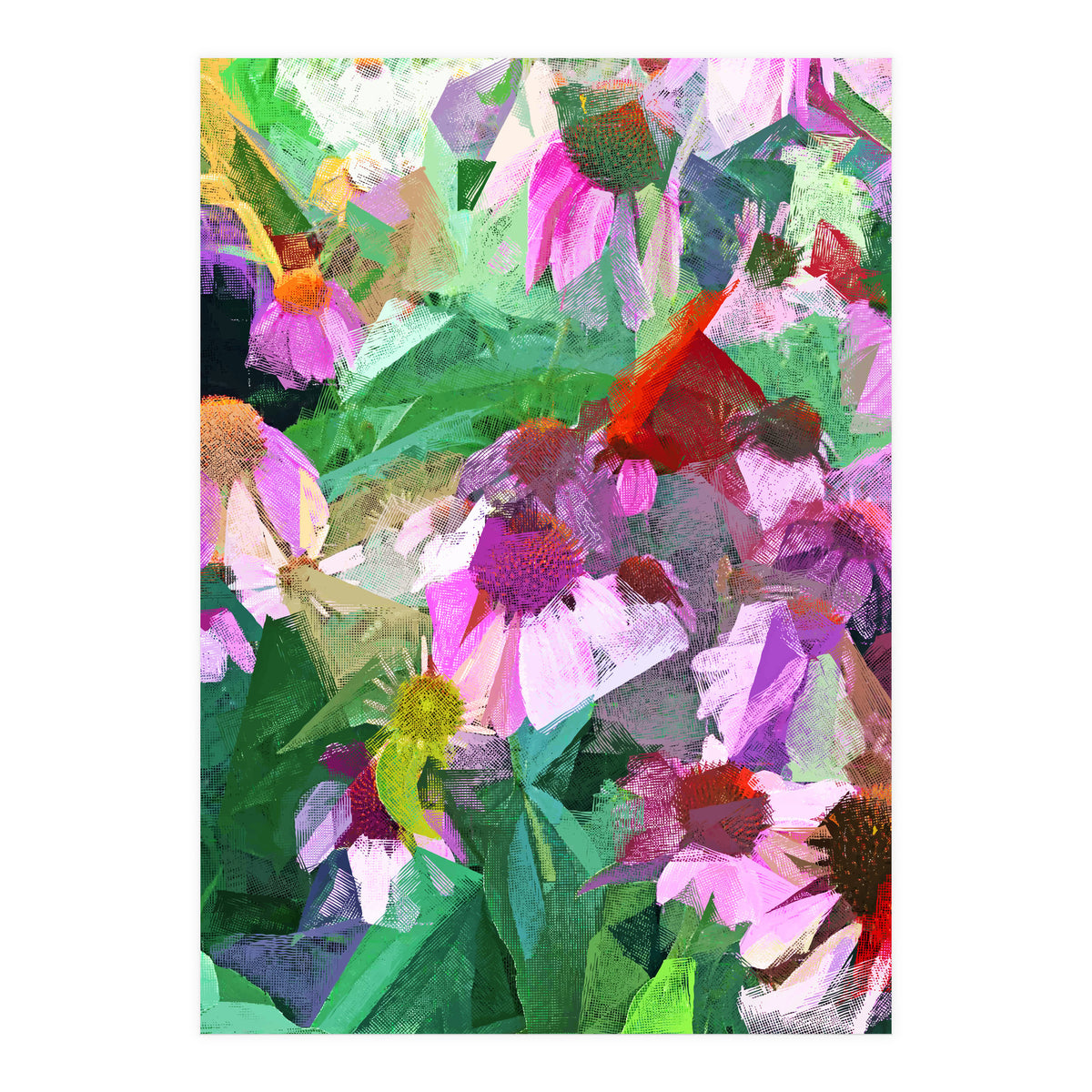 The Memory of Spring, Crosshatch Botanical Floral Painting, Plants Garden Meadow, Flowers Nature Digital Illustration (Print Only)