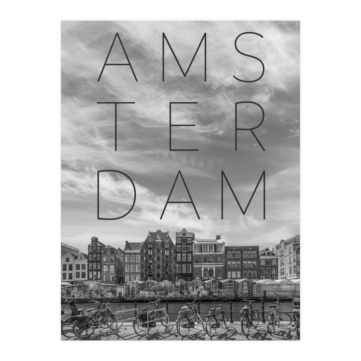 AMSTERDAM Singel Canal with Flower Market | Text & Skyline (Print Only)