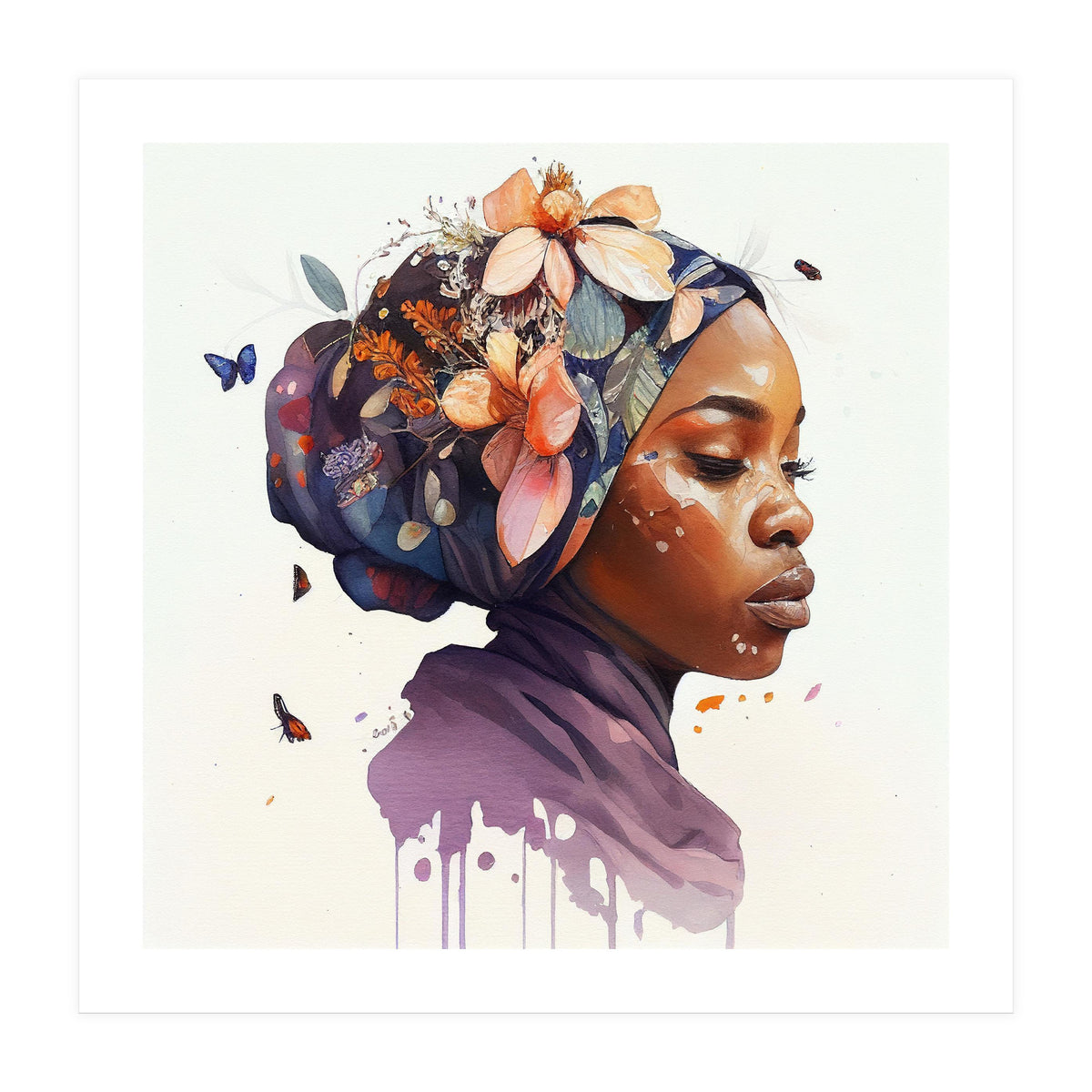 Watercolor Floral Muslim African Woman #4 (Print Only)