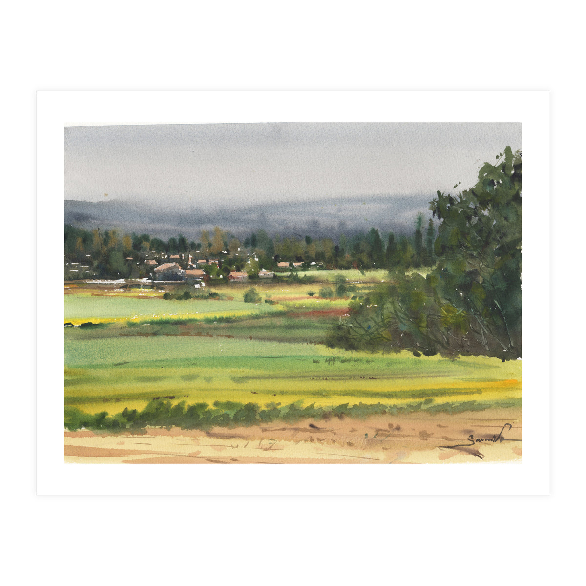 Sunny Landscape Painting Watercolor (Print Only)