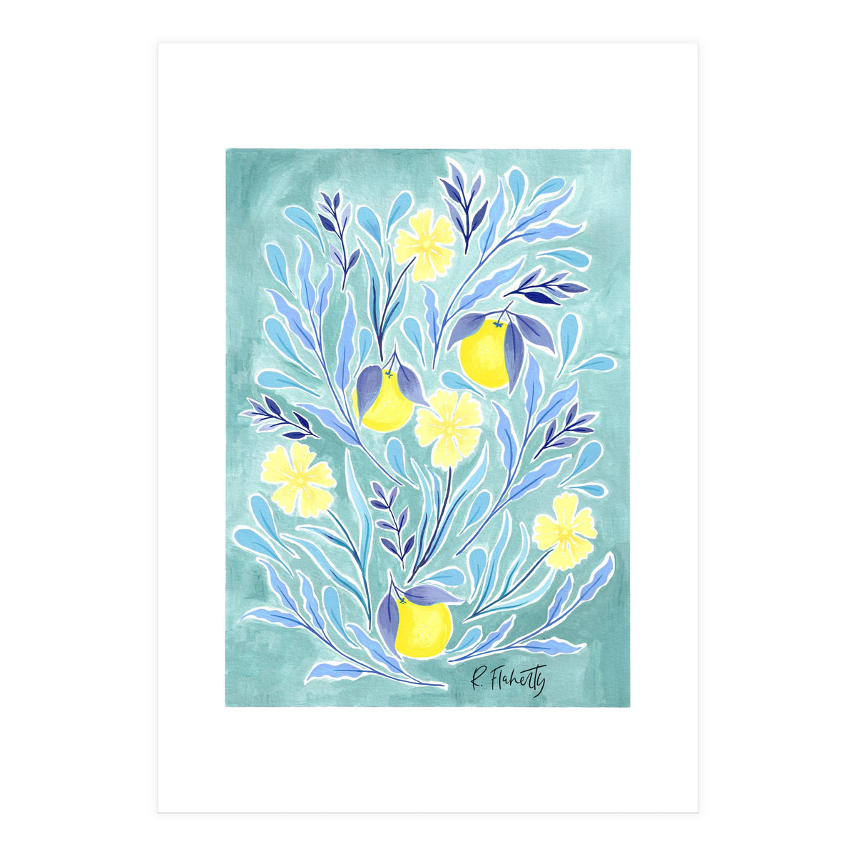 Wild Orange Floral | Lemon & Duck Egg Blue (Print Only)