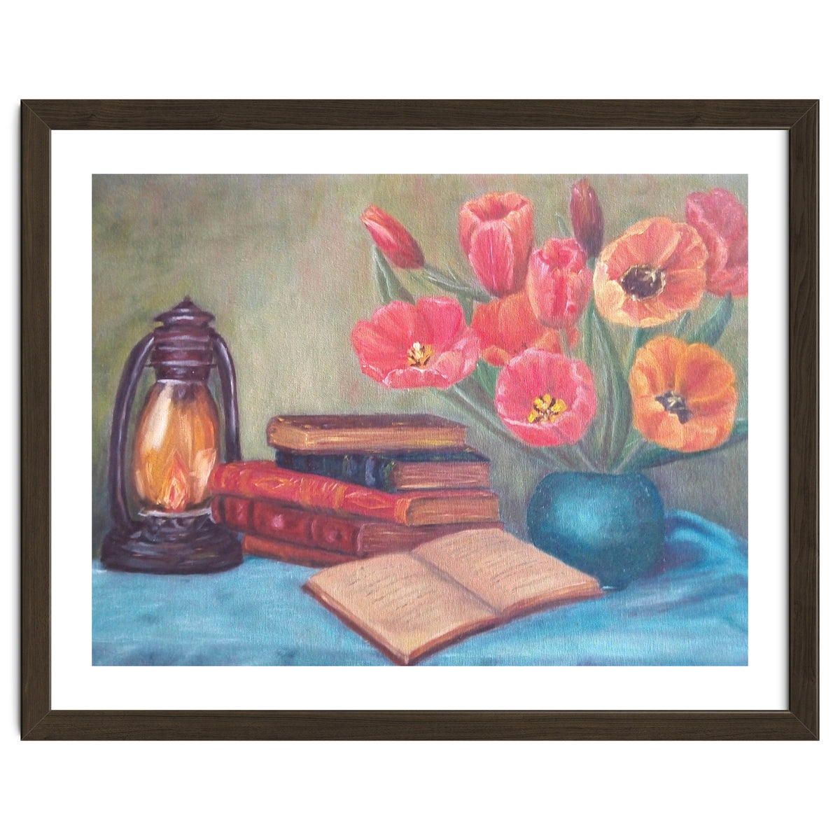 Still life with tulips, books and an old lamp.