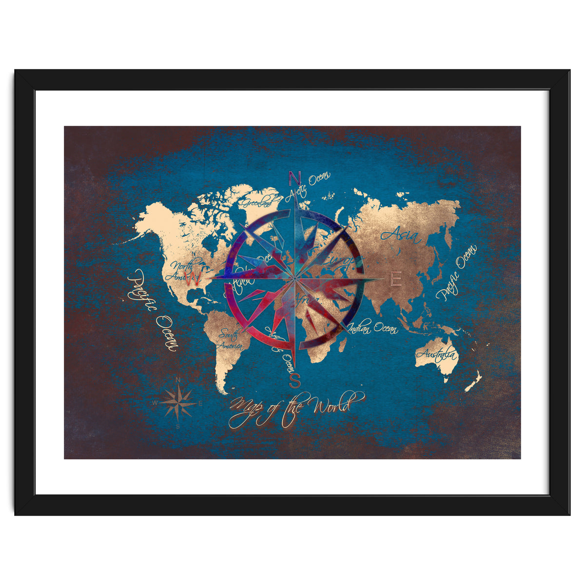 World Map Wind Rose blue
