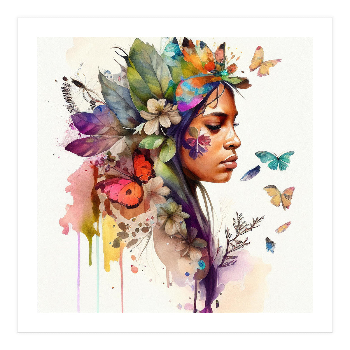 Watercolor Floral Indian Native Woman #10 (Print Only)