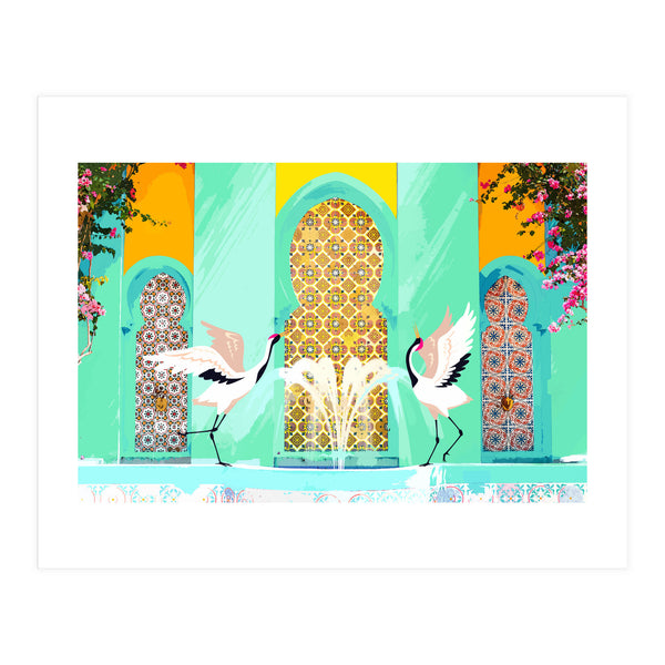 Moroccan Courtyard | Heron Animal Wildlife & Ethnic Vintage Architecture | Royal Fountain Palace (Print Only)
