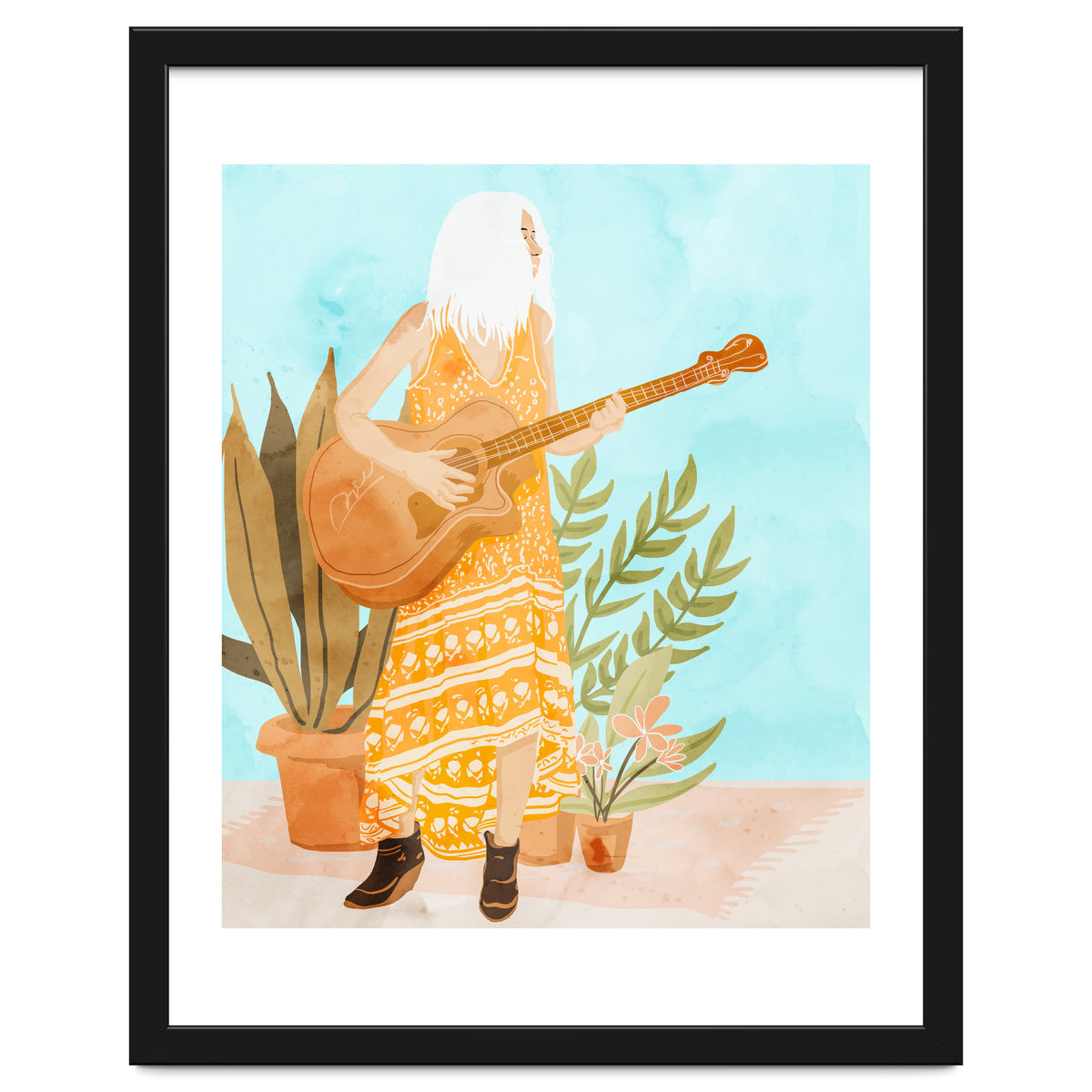 Music Soothes My Soul | Urban Hippie Bohemian Woman Playing the Guitar | Plant Lady Painting