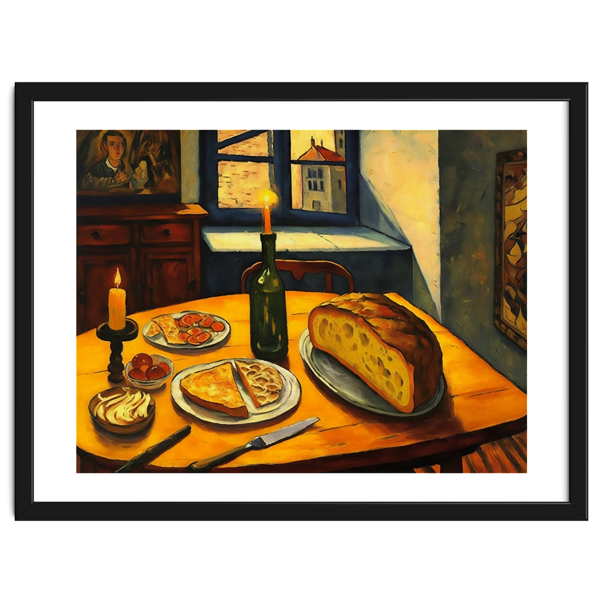 Table Setting of Bread and Cheese Oil Painting