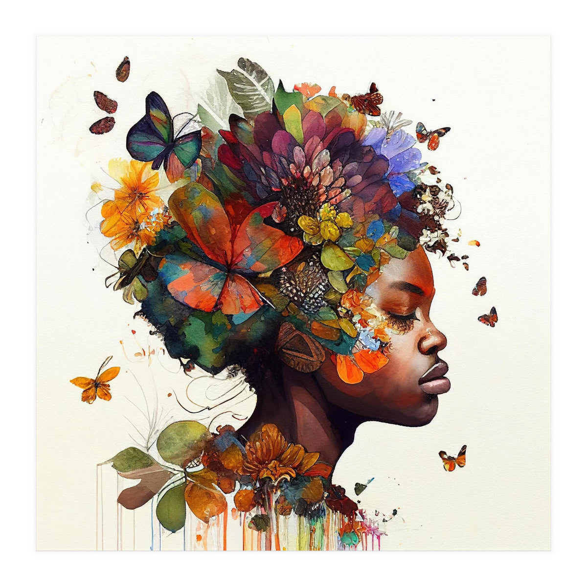 Watercolor Butterfly African Woman #5 (Print Only)