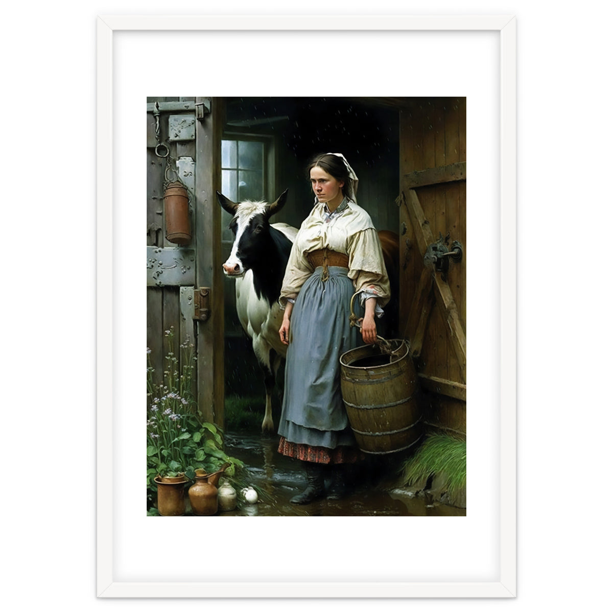 Farm Girl and Cow in Barn Oil Painting
