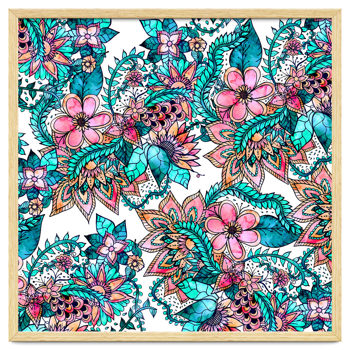 Boho turquoise pink floral watercolor illustration