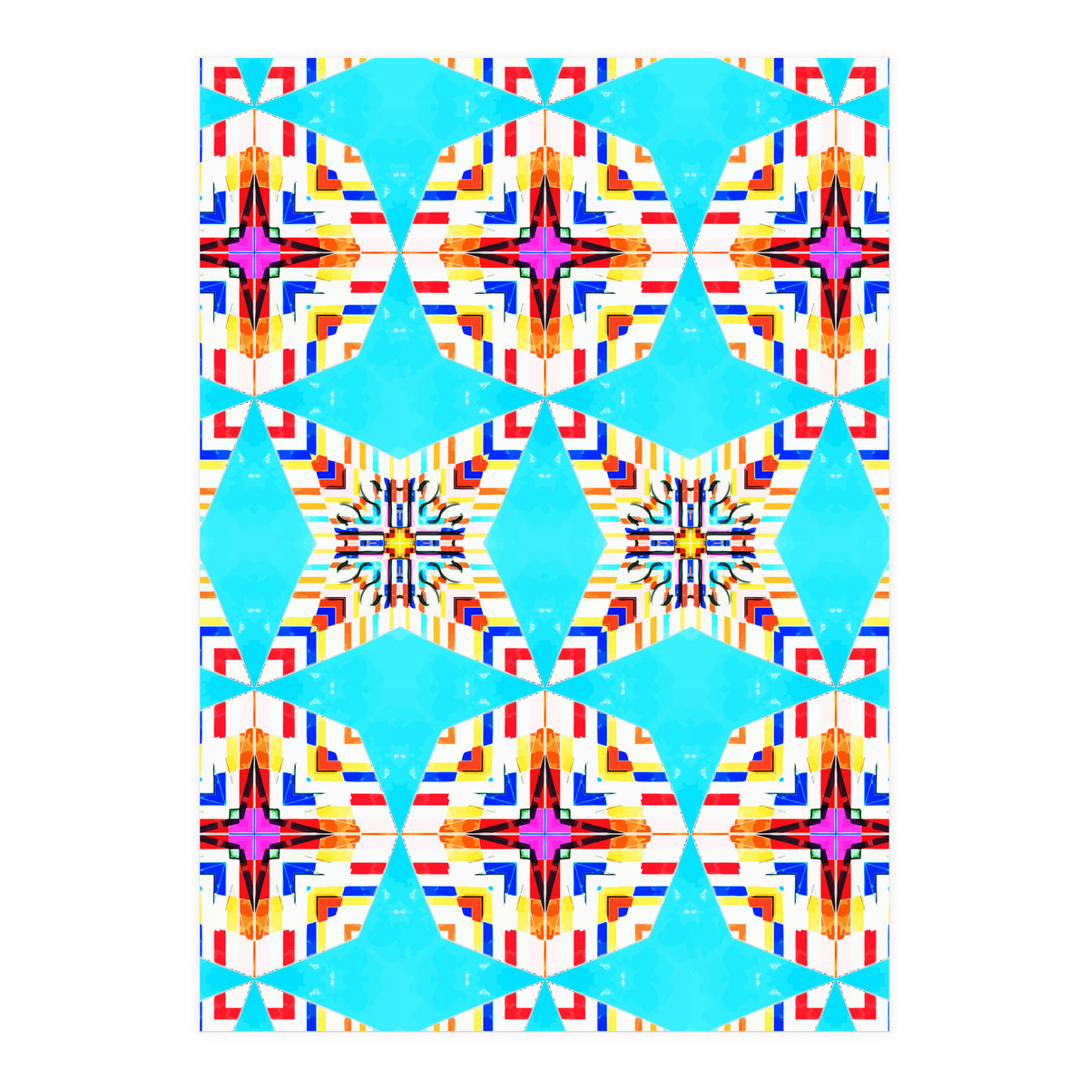 Exotic Tiles, Moroccan Teal Kaleidoscope Pattern, Turkish Bohemian Colorful Culture Eclectic Graphic (Print Only)