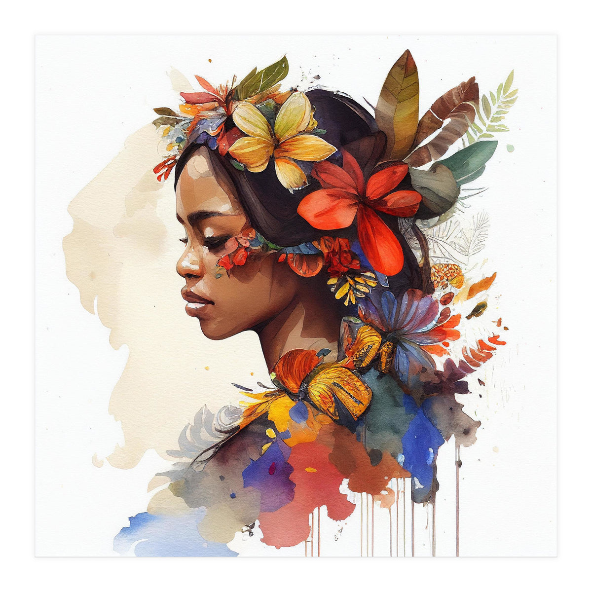 Watercolor Floral Indonesian Native Woman #4 (Print Only)