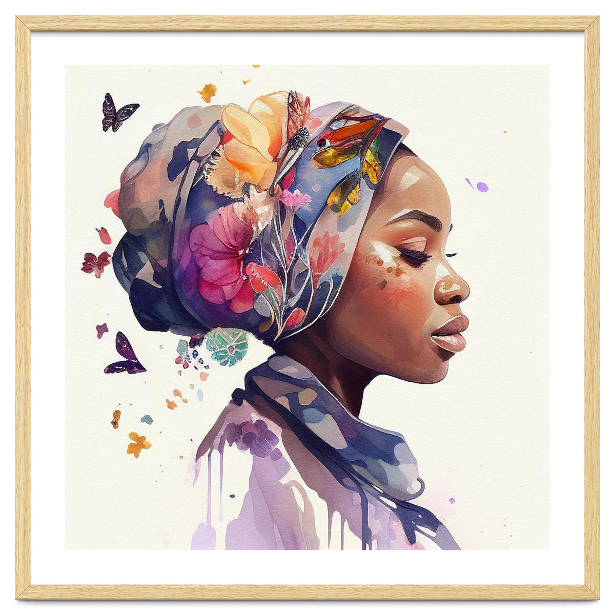 Watercolor Floral Muslim African Woman #1