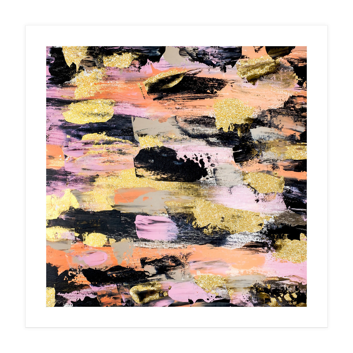 Modern Abstract Black Pink Salmon Gold Acrylic Brushstrokes Paint (Print Only)