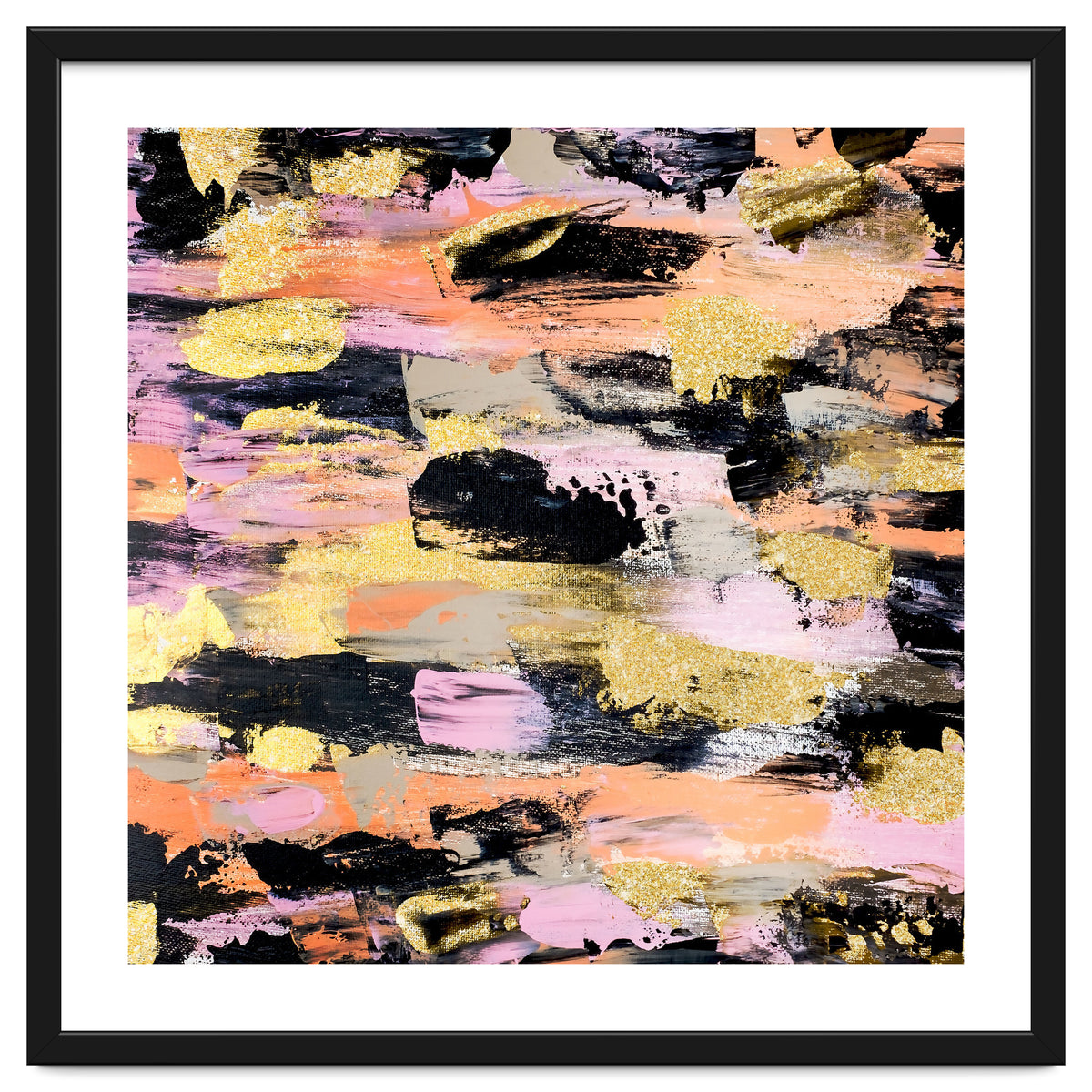 Modern Abstract Black Pink Salmon Gold Acrylic Brushstrokes Paint