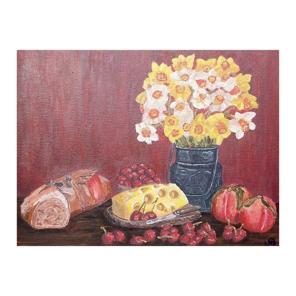 Still life with cheese, daffodils on a red background. (Print Only)