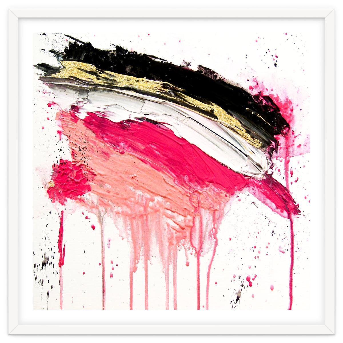 Modern Abstract Pink Black Gold Brushstrokes Splatters Acrylic
