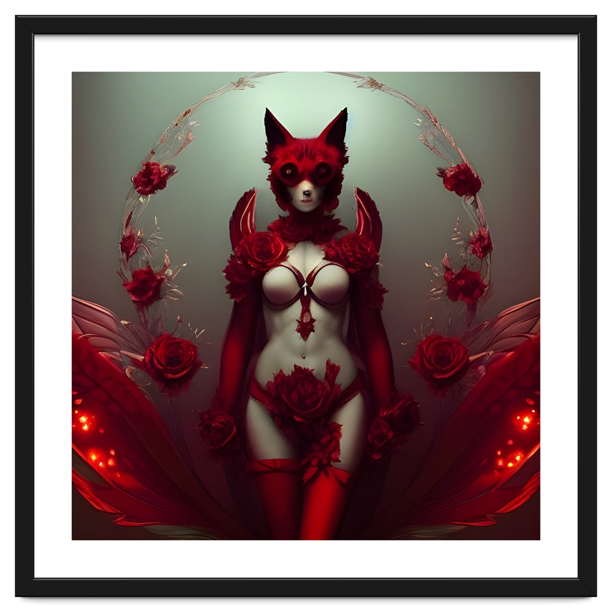 Red Floral Fox Vixen in Lingerie with Roses