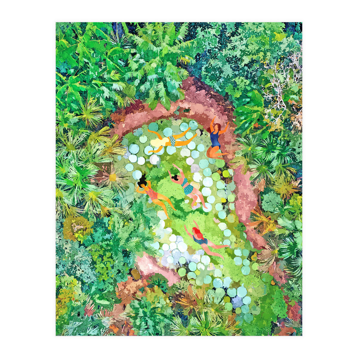 Tropical Vacay | Rainforest Jungle Botanical Lush Nature | Summer Lake People Swim | Boho Painting (Print Only)