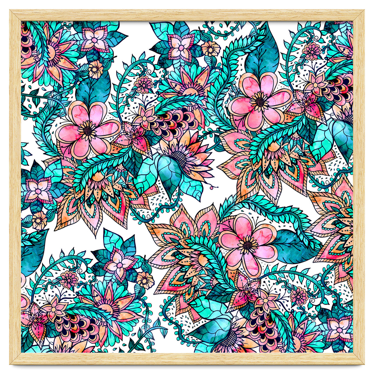 Boho turquoise pink floral watercolor illustration