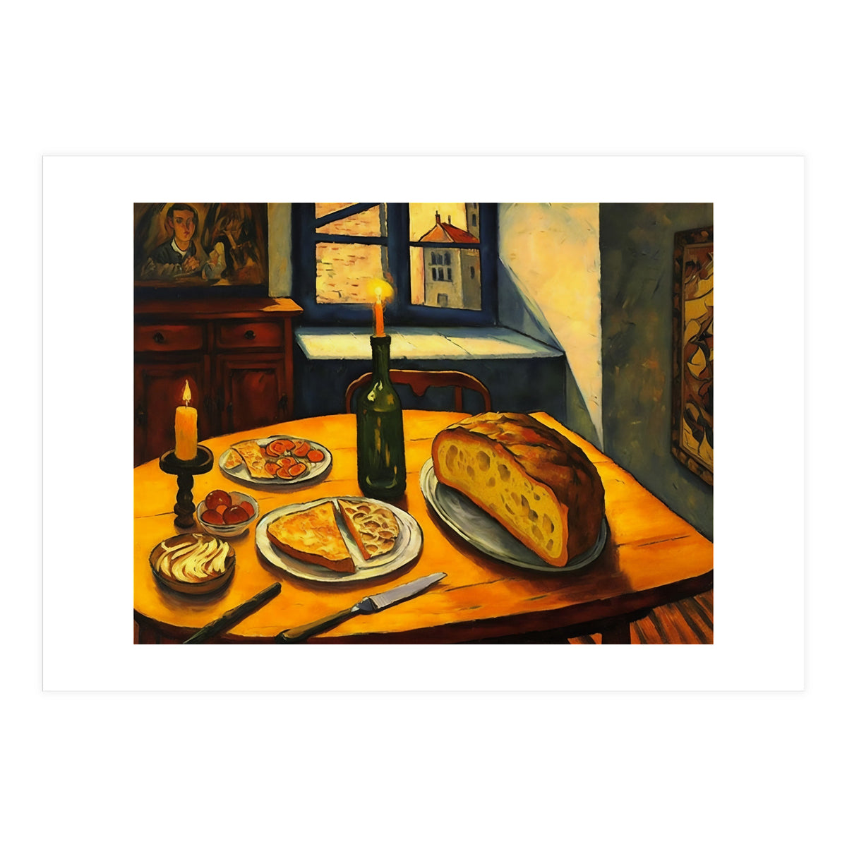 Table Setting of Bread and Cheese Oil Painting (Print Only)