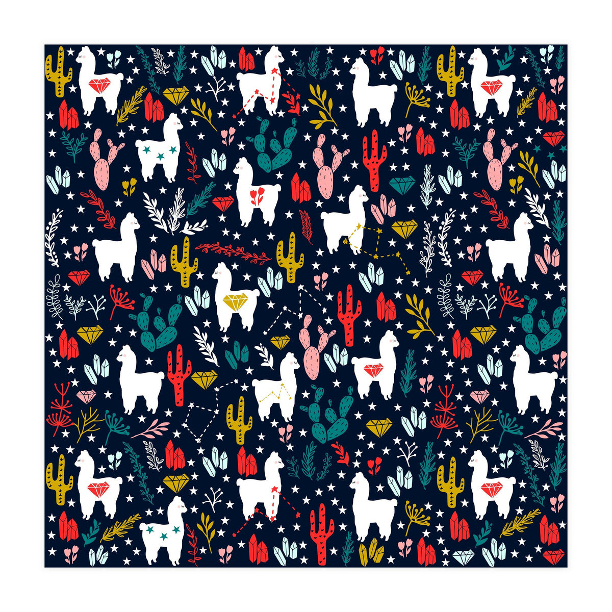 Cute Alpaca Pattern with Cacti, Stars and Crystals (Print Only)