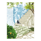 Black cat on the steps Poster, Greece Santorini summer travel pet painting (Print Only) thumbnail