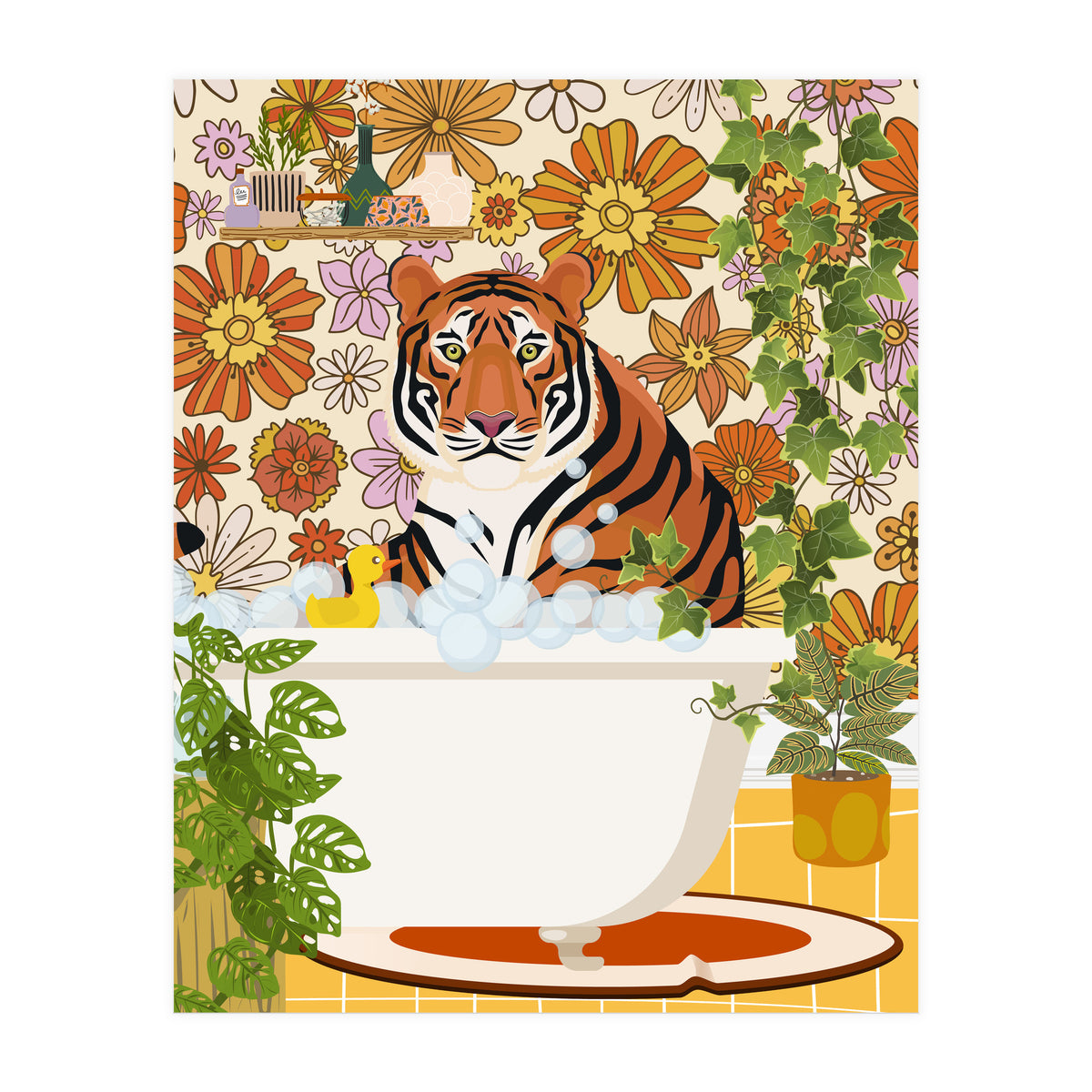 Tiger Bathing in Groovy Bathroom (Print Only)