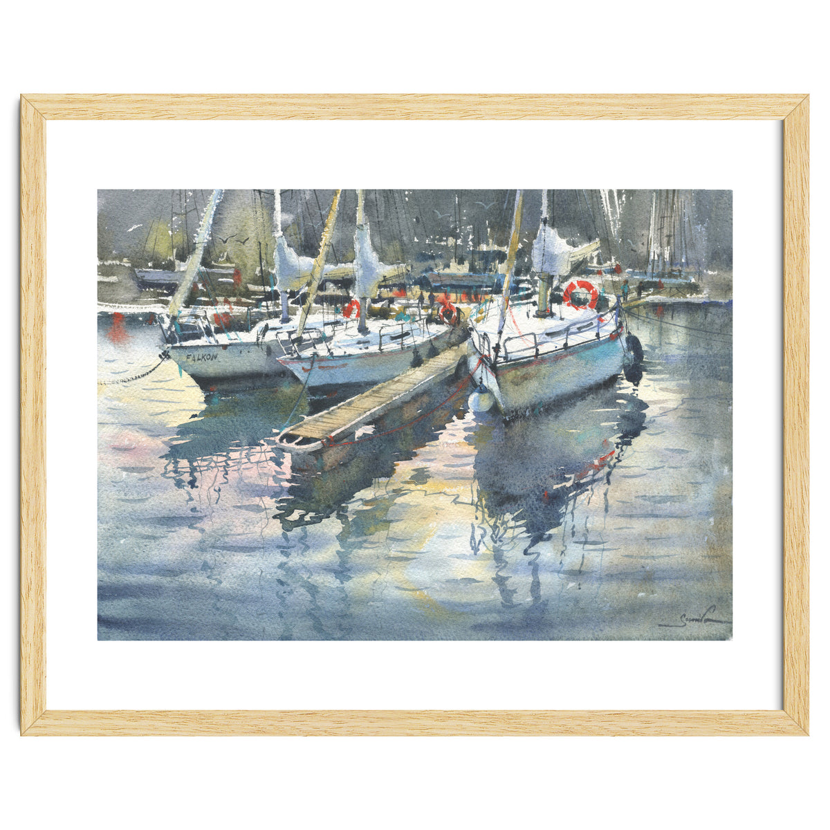 Yachts in the port. Watercolor painting