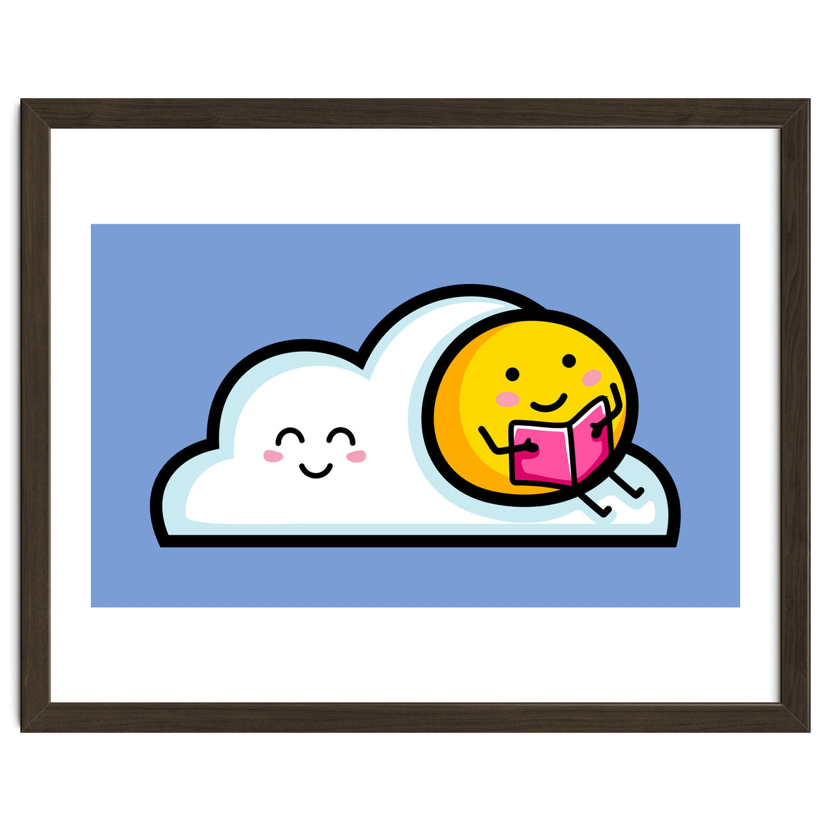 Kawaii Cute Sun Reading A Book On A Cloud