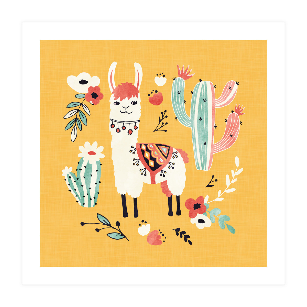 White Llama With Flowers (Print Only)