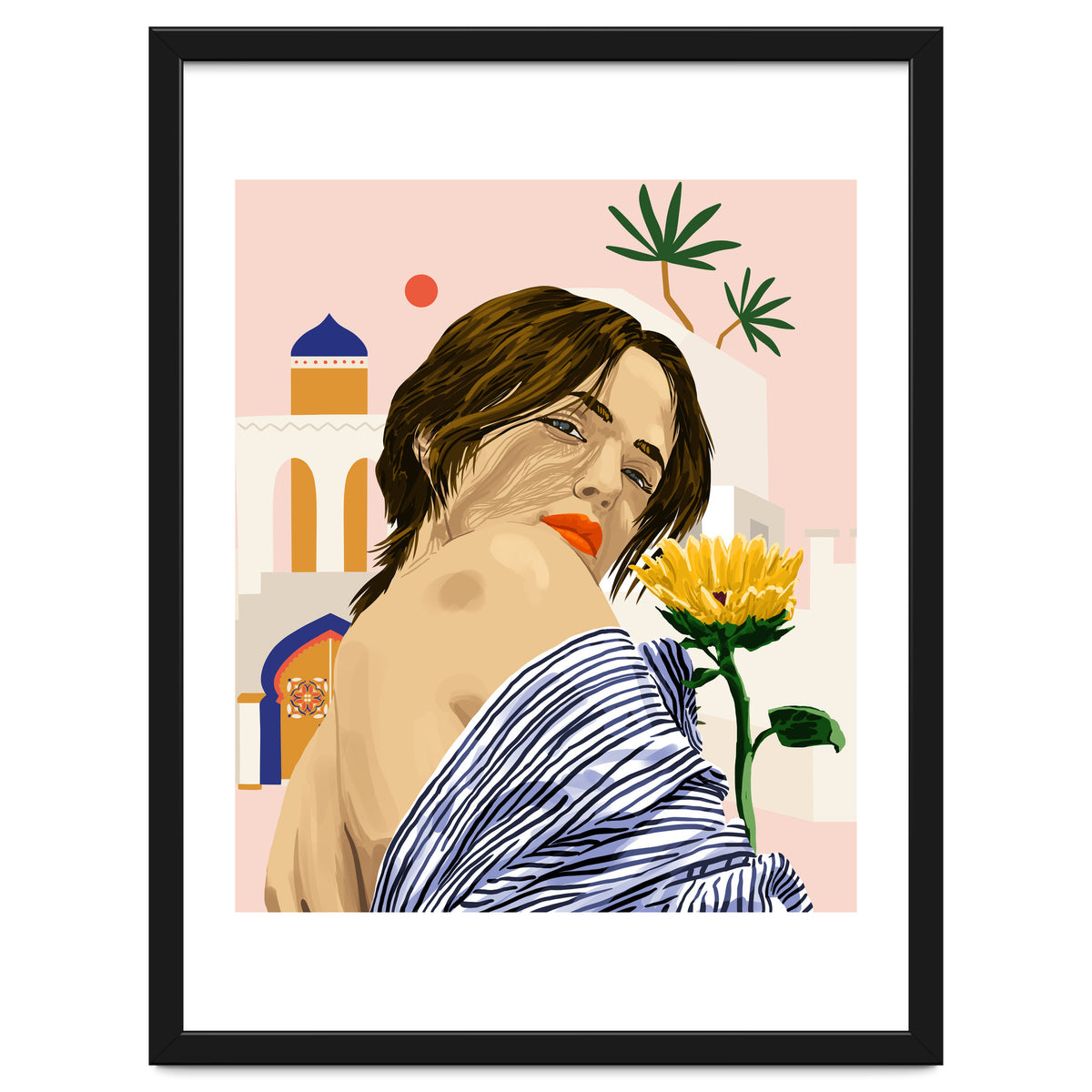 I Travel, I Become | Morocco Architecture Illustration, Bohemian Woman Tropical Sunflower Boho Palm