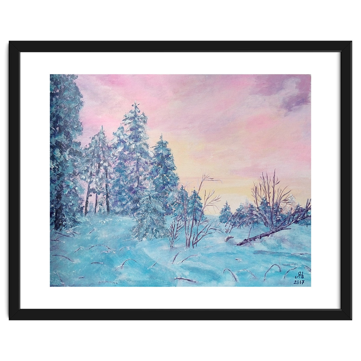 Pink sunrise in the winter forest