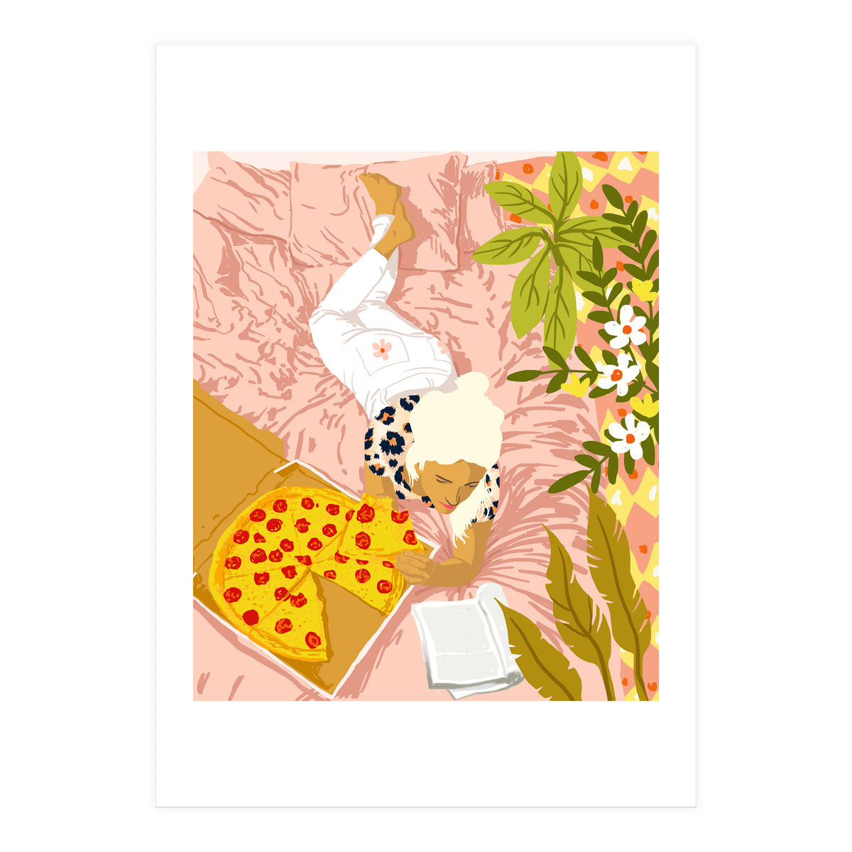 Pepperoni Pizza | Holiday Weekend Food Binge | Modern Bohemian Woman Reading in a Pastel Bedroom (Print Only)