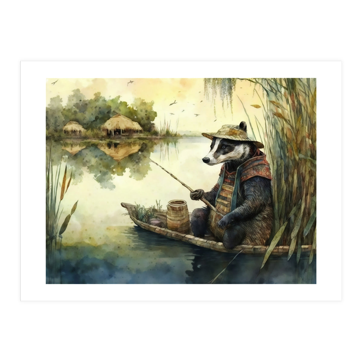 Badger Fishing Watercolor Painting (Print Only)