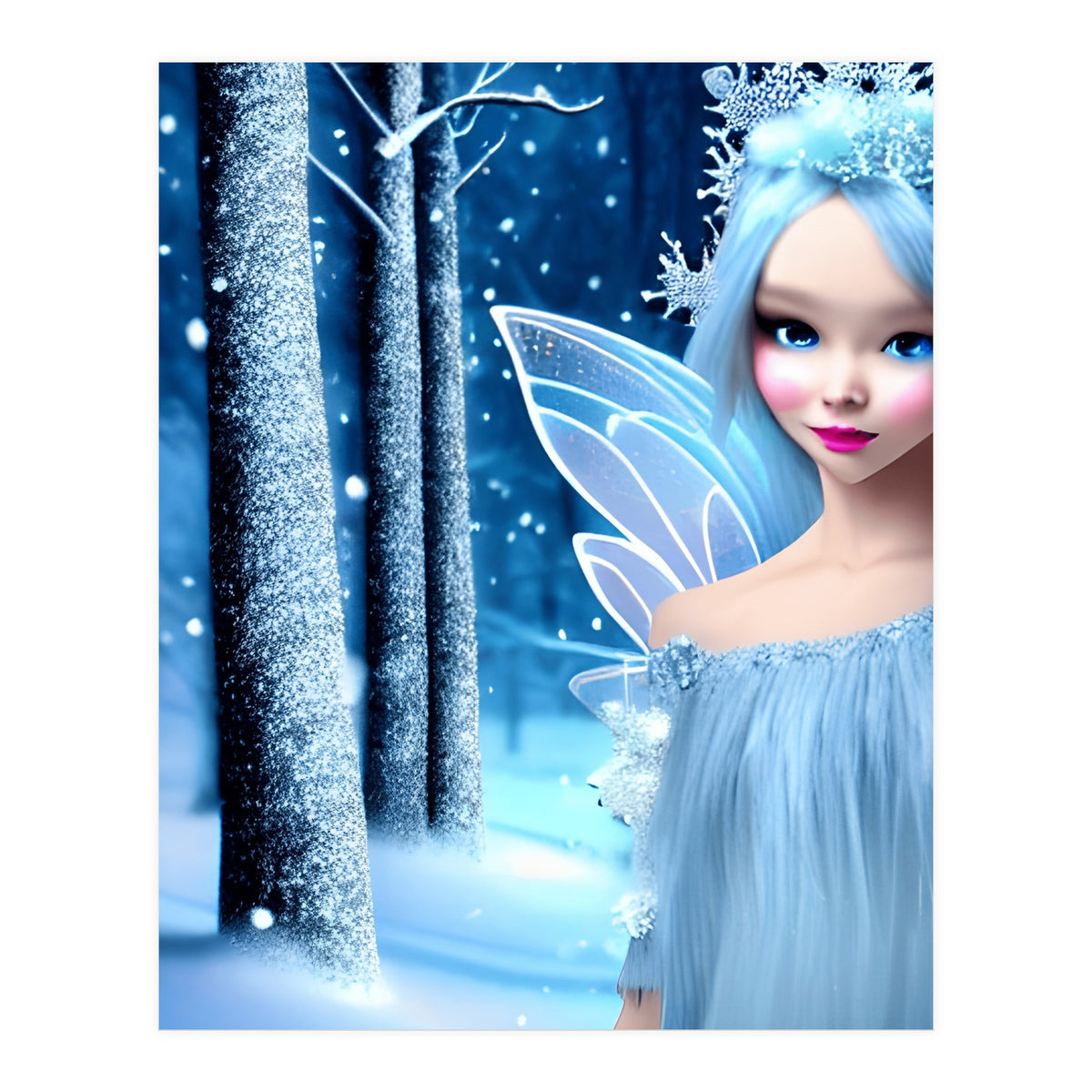 Cute 3d light blue Winter Fairy in the Forest (Print Only)